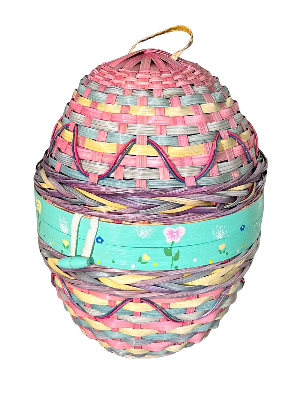 Vintage Pastel Wicker Egg Basket w/ Hand‑Painted Floral Turquoise Band 1990s